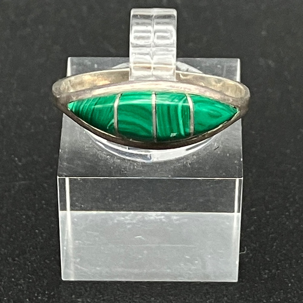 Sterling Silver Inlaid Malachite Ring Southwestern Artisan Size 8 Signed RK